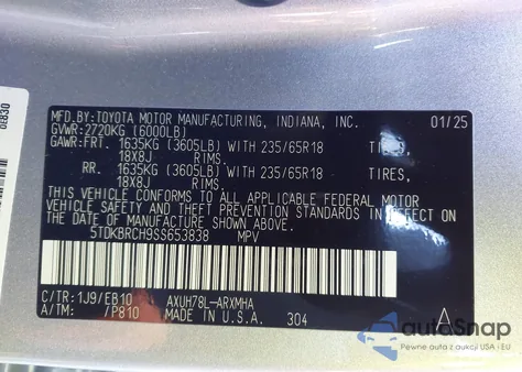 2025 Toyota Highlander Hybrid Xle z USA, uszkodzony, nr VIN 5TDKBRCH9SS653838